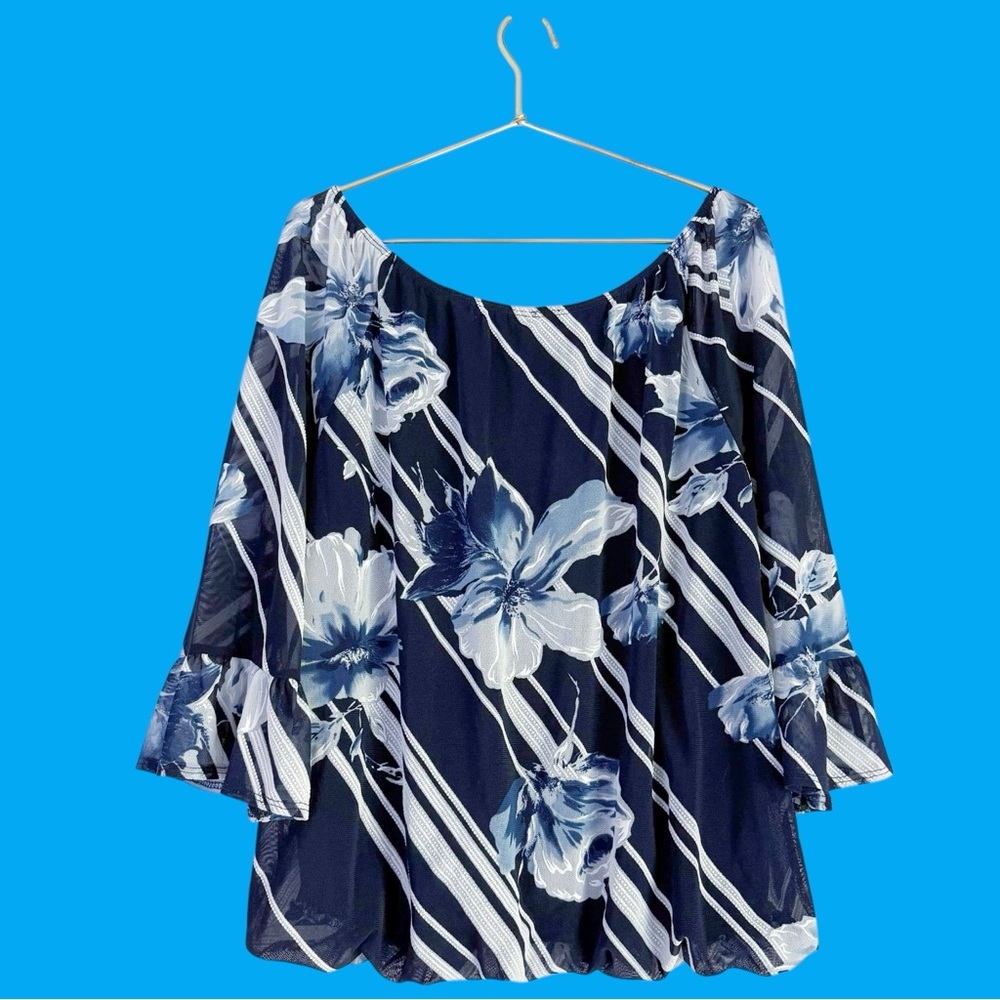 Espresso Floral 3/4 Ruffle Sleeve Pullover Chiffon Blouse Women’s XL Navy - Picture 3 of 10